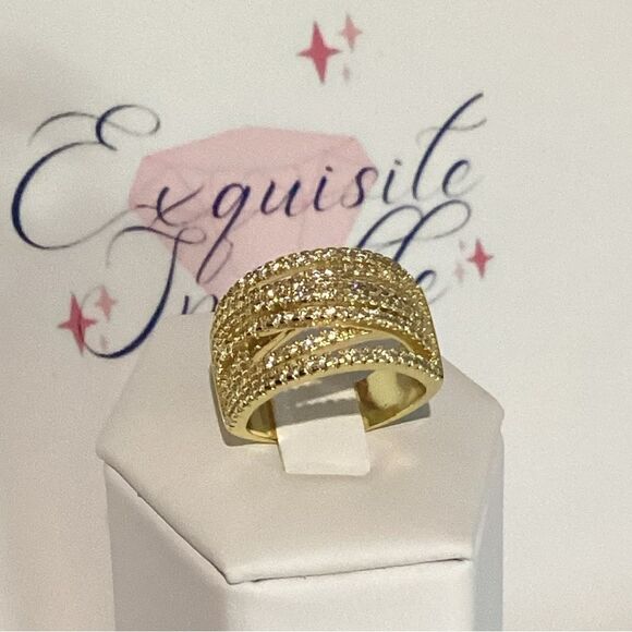 💛18k Gold Wide Band Micro Pave Cz Diamond Crisscross stacked Diamond Ring - Picture 14 of 16